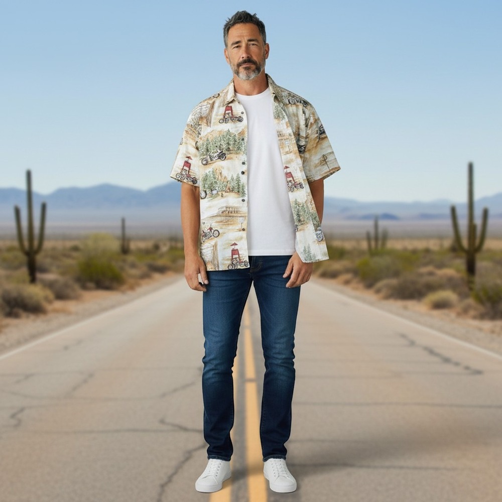 Harley-Davidson Vintage Route 66 Scenic All Over Print Shirt Mens L Hawaiian